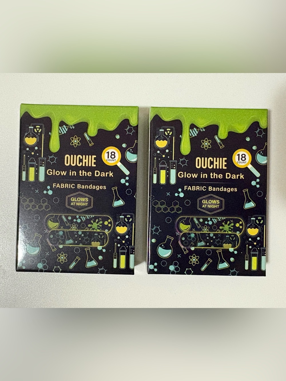Ouchie Glow-in-the-Dark Fabric Bandages - Green Blue - 2 Boxes (18 Count each)